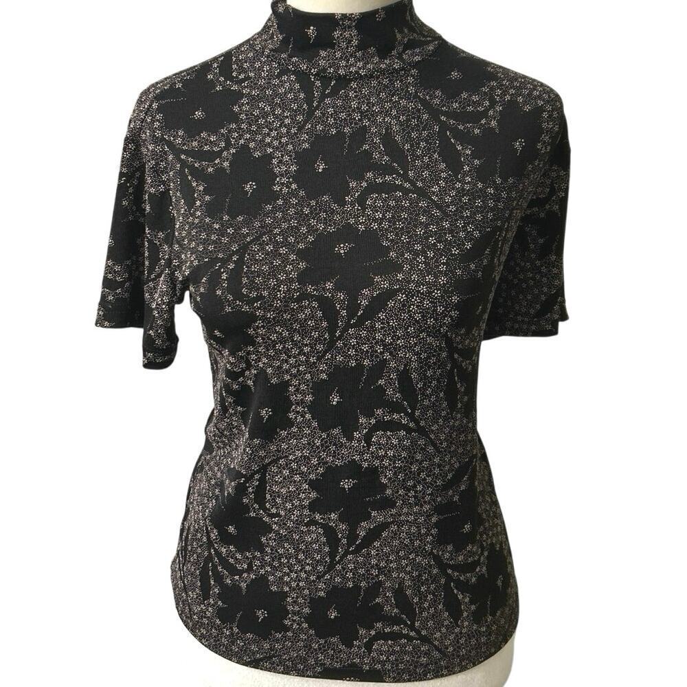 ACW Designs Vintage 90s Semi Sheer Mock Neck Floral Fitted Cropped Top Large